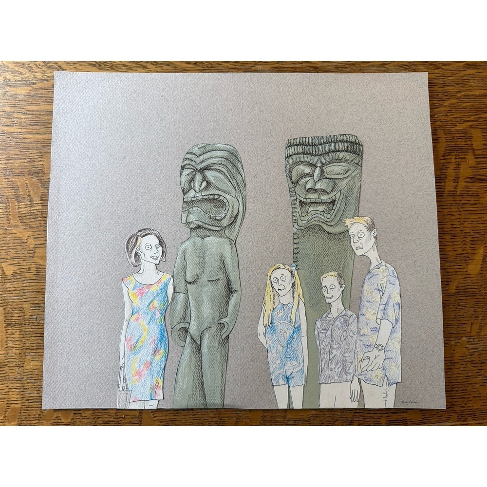 Family Vacation - Original Drawing Pen Ink Collage Art Anime Style Art 11"x12.5"
